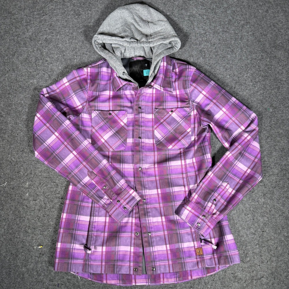 Volcom EQS Purple Plaid Hooded Flannel Jacket Womens Large 600mm Water Resistant